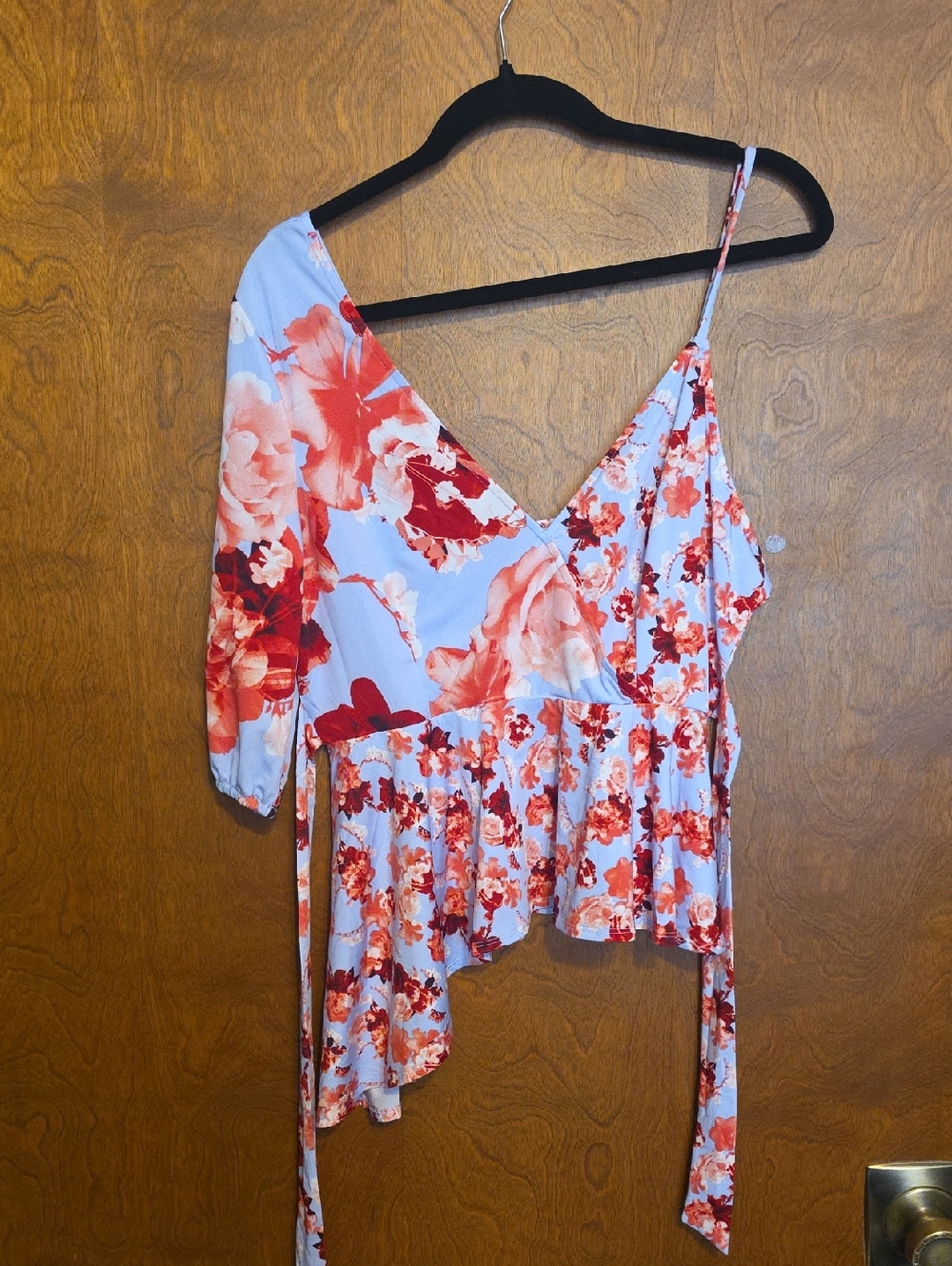 VENUS Light Blue One-Shoulder Floral Peplum Top - Red Floral